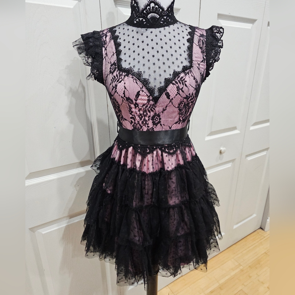 Dolls Kill Unholy Goth Rehearsal Party Pink Black Tiered Lace Mini Dress XS - Picture 8 of 9